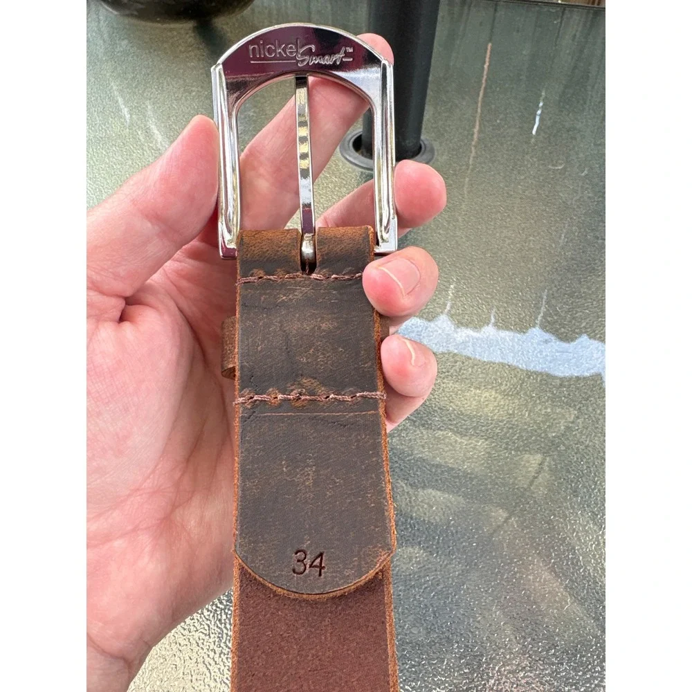Nickel Smart Brown Leather Floral Embossed Belt Nickel Free Buckle Size 34